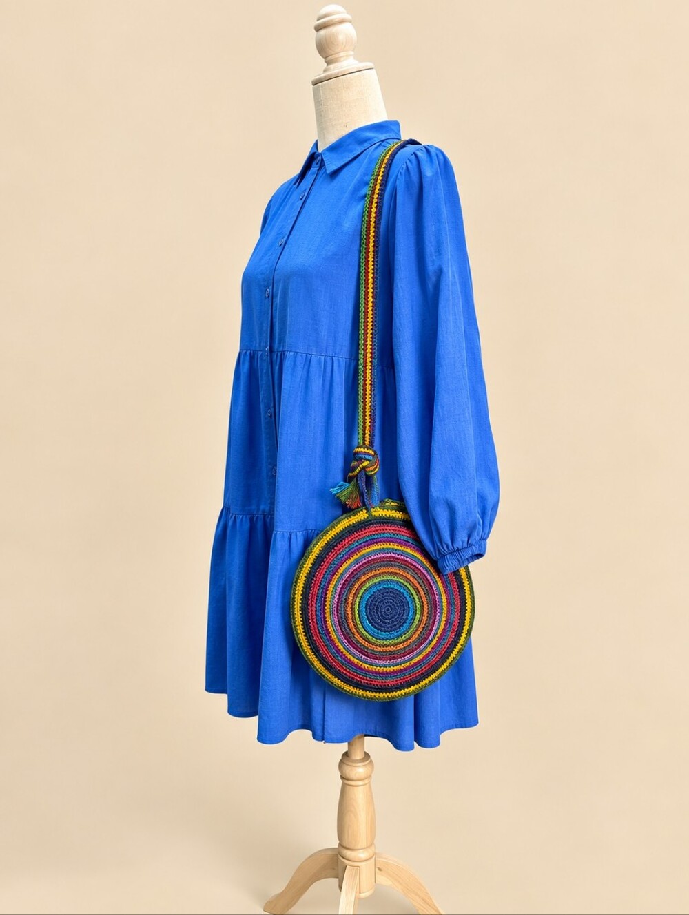 Round Crochet Crossbody Purse Rainbow Bag Fringe Zippered Boho Festival Artisan - Picture 8 of 8